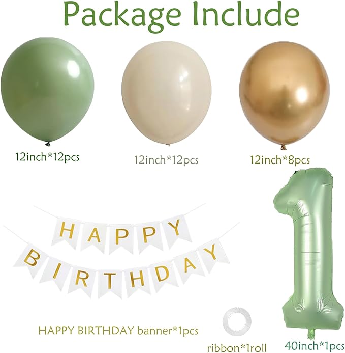 Sage Green First Birthday Decorations For Boys, 40inch Olive Green Number 1 Balloon And Happy Birthday Banner Set With 12inch Sage Green Cream Metallic Gold Balloons For Kids 1st Birthday Decorations