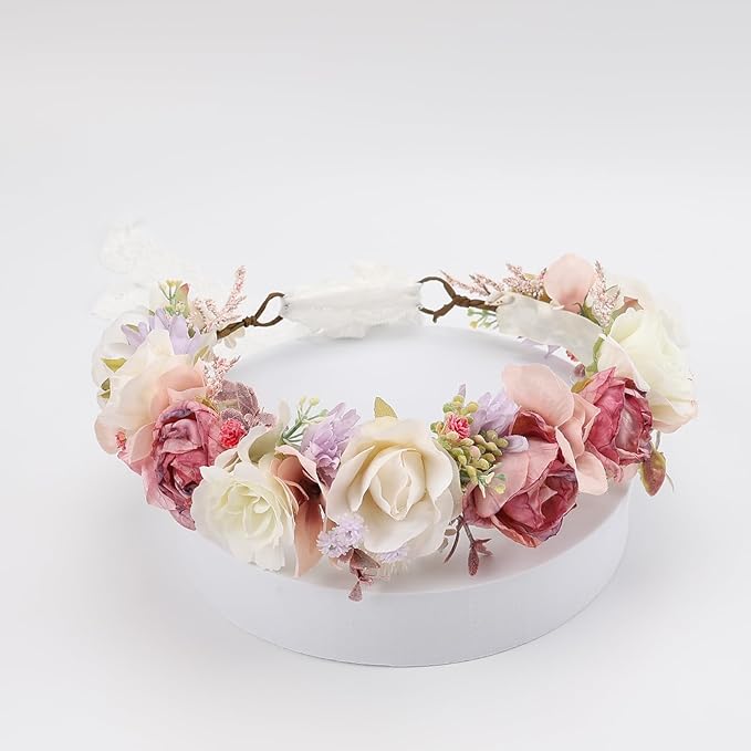 Flower Crown for Girls Children Floral Headpiece Pink Kids Headband Wedding Holo Hair Accessories Birthday Photo Prop (Dark Pink)
