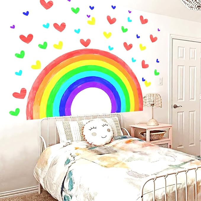 Large Watercolor Rainbow Wall Decals, Hearts Peel and Stick Fabric Nursery Wall Decor, Removable Home Room Wall Decor Murals Stickers for Kids Girls Toddler Bedroom Living Room Playroom
