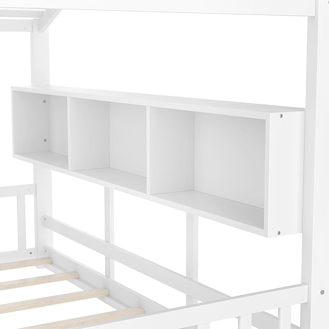 Merax Wood Cute House Bed with Storage Shelves, Twin Size Floor Platform Bed Frame with Headboard & Roof Design, No Box Spring Needed, White