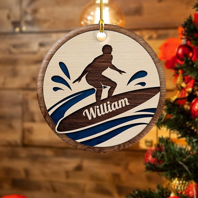 wowcugi Personalized Surfing Ornament Surfboard Christmas Ornaments with Ceramic Ornament Xmas Tree Decoration Keepsake Gifts for Men Women
