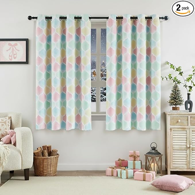 Kids Full Blackout Curtains 63 Inches Long for Juvenile Bedroom Multi-Color Moroccan Geo Window Curtain Panels Thermal Insulated Room Darkening Grommet Top Drapes, 52x63, Pink 2 Panels