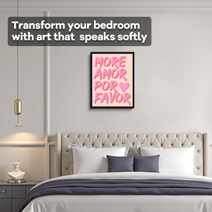 Spanish Love Wall Art, more love message, bright pop wall decor, matte finish framed canvas print, love poster artwork, for bedroom dorm couples gift, 12x15 inch
