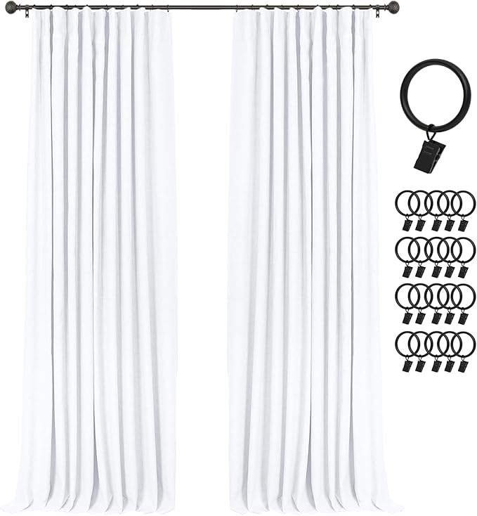 INOVADAY 100% Blackout Curtains for Bedroom, Black Out Curtains 72 Inch Long, Clip Rings Linen Blackout Drapes, Thermal Insulated Room Darkening for Living Room, 2 Panels - Brightwhite,W50xL72