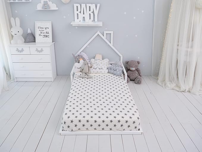 BUSYWOOD Toddler Floor Bed Frame - Cozy House Bed for Kids - Montessori Floor Kids Bed - Twin Bed Frames for Kids - Loft Bed for Toddler - Wood Children Bed (Model 3, Floor Bed)