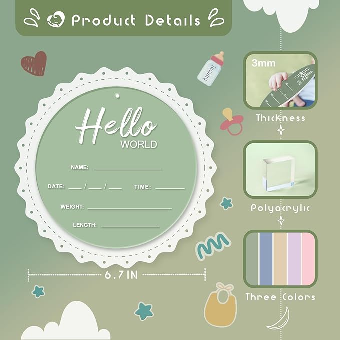 Baby Announcement Sign, 6.7 Inch Hello World Newborn Sign, Thickness Upgrade Birth Announcement Sign for Hospital, Nursery Baby Shower (Green)