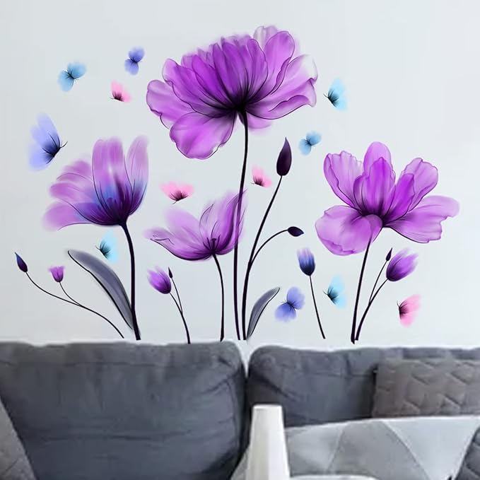 Tulip Wall Decals Flower and Colorful Butterfly Wall Sticker Purple Floral Art Wall Clings 25.2x35.43inch Removable DIY Vinyl Stickers for Living Room Bedroom TV Sofa Background Decoration