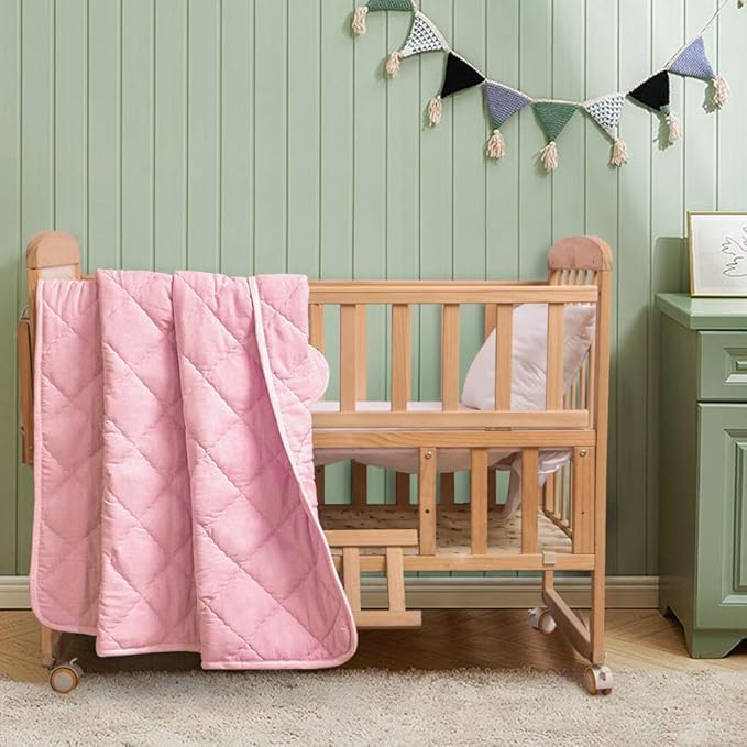 FLXXIE Machine Washable Microfiber Down Alternative Oversized Toddler Comforter, Super Soft and Lightweight Kids Crib Quilted Blanket for Stroller, Travel, 43x60 Inches, Pink