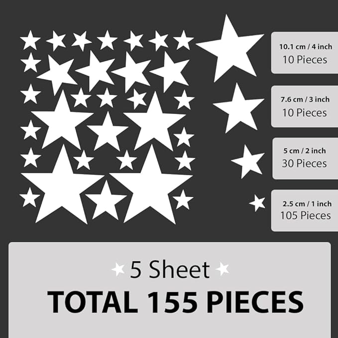 155 Pcs White Star Wall Decals – Peel and Stick, Removable Vinyl Stickers for Kids Rooms, Nurseries & Home Decor (Matte White, 1-4 Inch Stars)