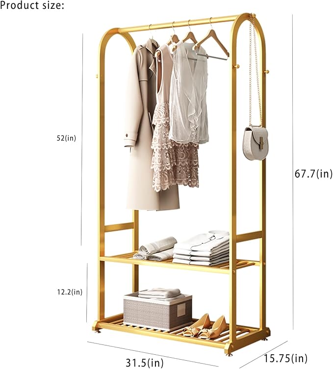 Gold clothing rack,Heavy duty clothes rack with bottom shelves and 6 side hooks,Wardrobe rack for bedroom,Metal garment rack for hanging clothes,Coats,Shirts(L:31.5in)