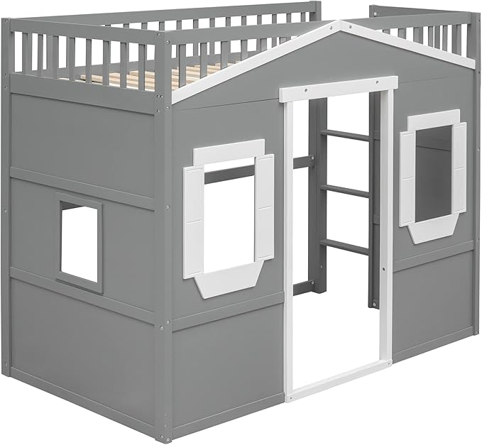 Twin Size Loft Bed with Safety Guardrail for Kids Boys Girls, Playhouse Design Solid Wood Loft Bed Frame with Ladder and Windows, Strong Wood Slats Support, Space-Saving (Gray+w Twin)