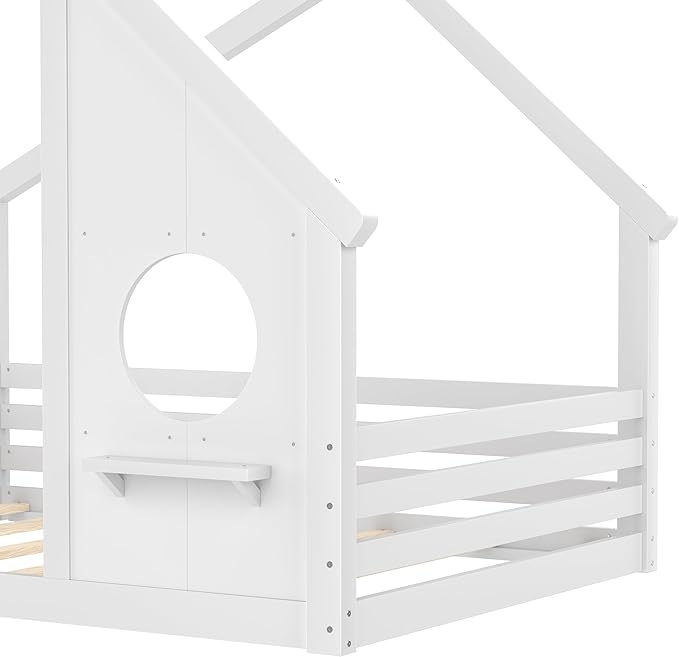 Polibi Full Size Floor Bed with House-Shaped Roof,Window and a Small Shelf, Solid Wood Low Profile Floor Bed for Kids, No Box Spring, White