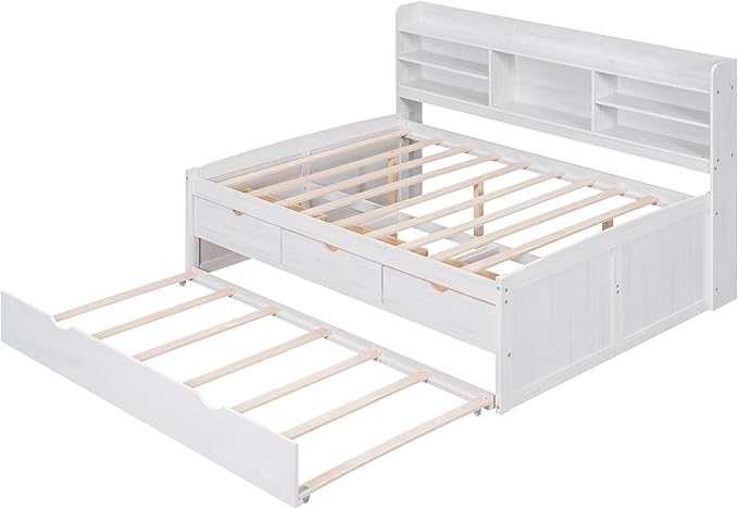 Harper & Bright Designs Full Size Captain Bed with Built-in Bookshelves/3 Storage Drawers/Trundle, Wooden Full Daybed Bed Frame for Kids Teens Dorm Bedroom Multipurpose Guest Room, White Wash