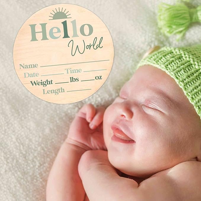 Hello World Newborn Sign - Baby Name Birth Announcement Plaque for Hospital - Photo Prop - Green Nursery Decor - Shower Gift