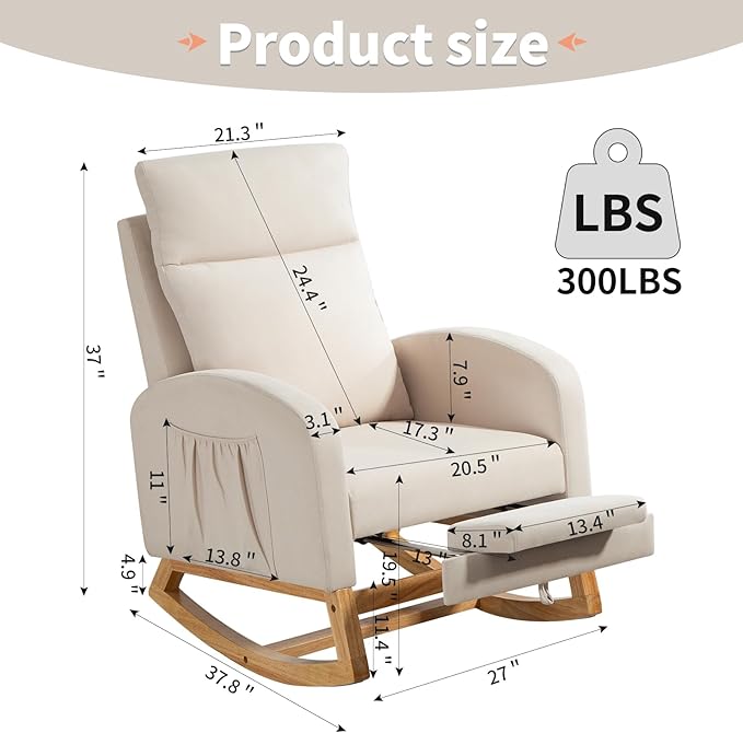 Rocking Chair Nursery Glider Chair with Foot Rest, Nursery Rocking Chairs with Rubber Wood Legs Side Pocket, High Back Nursing Chair, Accent Rocker Arm Chair Baby Bedroom, Living Room, Beige