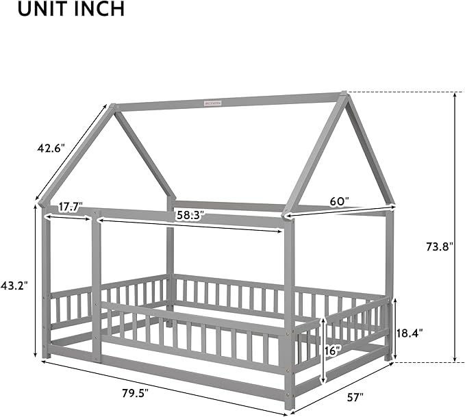 Bellemave Full Size House Bed Frame for Kids,Full Floor Bed,Wooden Montessori Floor Bed with Fence and Roof,Full Kids Bed Frame for Girls,Boys,Gray