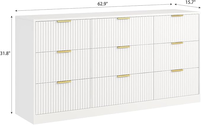 9 Drawer Dresser for Bedroom with Deep Drawers, 63" Wide Wood Dresser, Large Floor Chest of Drawers, Modern Long TV Stand, Storage Cabinet Side Table, White