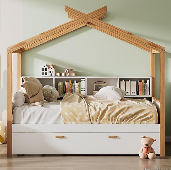 Full Size Wooden House Bed with Twin Size Trundle and Bookshelf Storage Space, Original Wood Colored Frame with Roof and Slats Support for Kids Teens Girls Boys Bedroom (White+Trundle, Full)