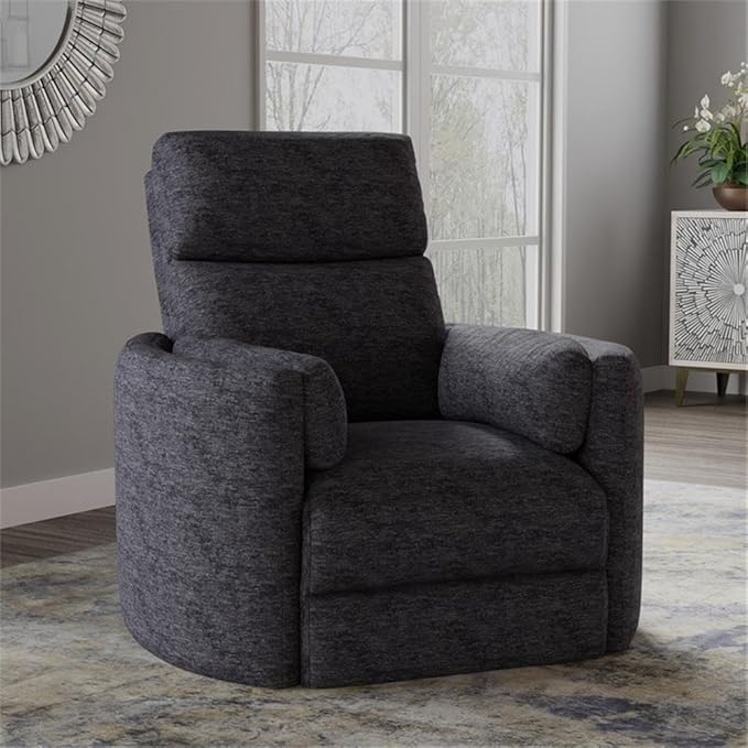 Pemberly Row Polyester Fabric Power Swivel Glider Recliner in Black with USB Charging Ports and 2 Comfort Pillows for Living Room
