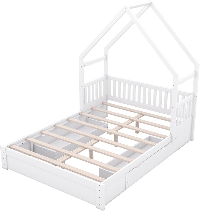 Merax Wood Queen Size House Platform Bed with Guardrail and 2 Drawers, Wooden Bedframe for Boys Girls Adult, No Spring Box Needed, White