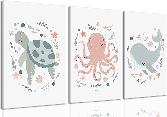 Wodkwq Ocean Nursery Decor,Nursery Wall Decor,Kids Bathroom Decor,Under The Sea,Boys Room Sea Animal Wall Art Picture Canvas Prints Set of 3,Bedroom 12x16 Inch Framed