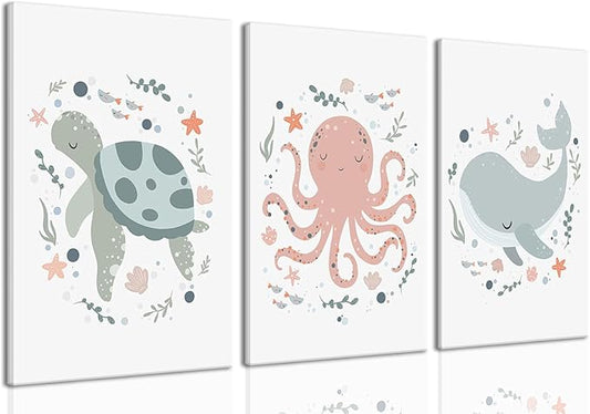 Wodkwq Ocean Nursery Decor,Nursery Wall Decor,Kids Bathroom Decor,Under The Sea,Boys Room Sea Animal Wall Art Picture Canvas Prints Set of 3,Bedroom 12x16 Inch Framed