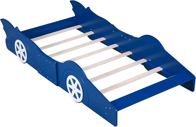 Twin Size Race Car-Shaped Platform Bed Bedframe with Wheels, 87.4" L x 40.3" W x 16.1" H Blue