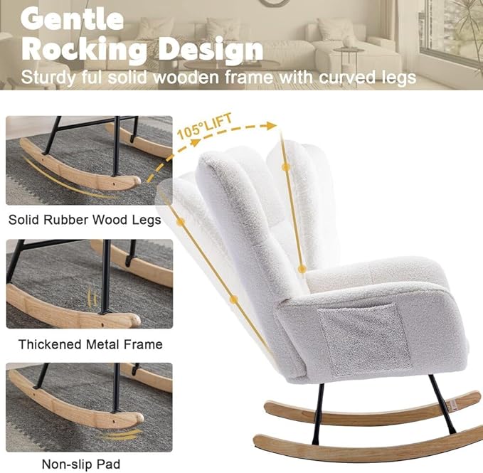 Nursery Rocking Chair Teddy Upholstered Glider Rocker Rocking Accent Chair with High Backrest Armchair Comfy Side Chair for Living Room, Bedroom, Offices (White)