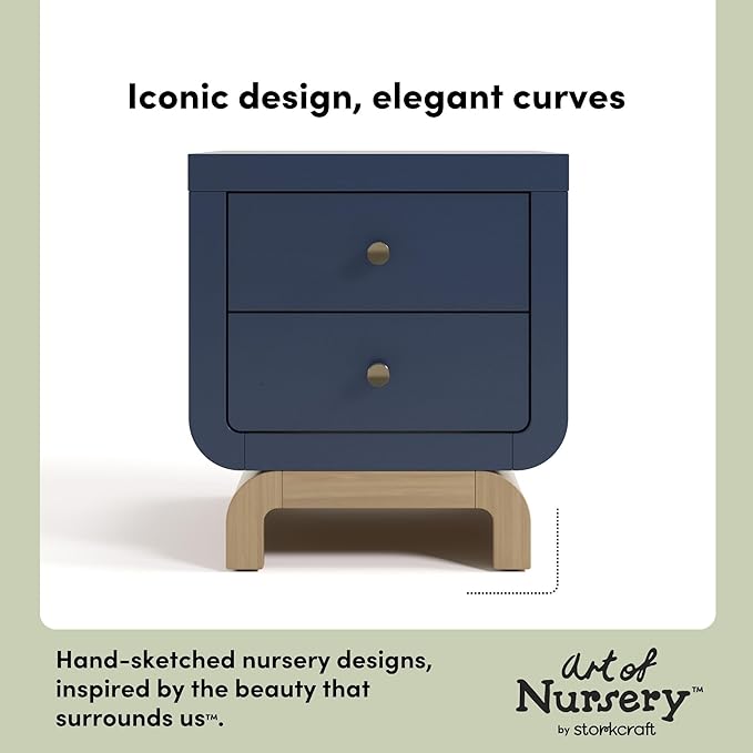 Storkcraft Santorini 2 Drawer Nightstand (Midnight Blue & Driftwood) - GREENGUARD Gold Certified Nightstand for Kids Bedroom, Premium Wood with Curved Base, “Champagne” Metal Knobs