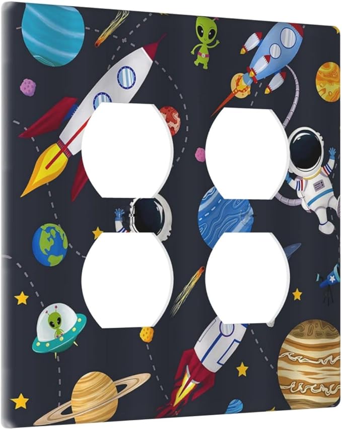 Rocket Planets Astronaut Blue Decorative Outlet Covers 2-Gang Duplex Light Switch Cover Gfci Wall Plate Covers Electrical Receptacle Switch Plate Cover Plug Faceplate for Bathroom Decor