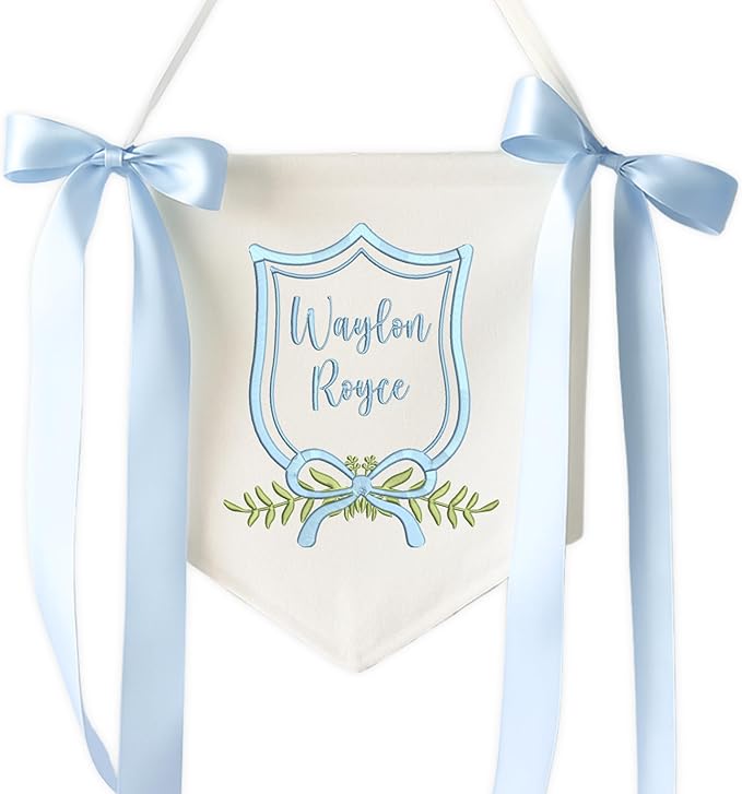 Embroidered Baby Name Sign Personalized Baby Announcement Sign Newborn Baby Banner with Bows Baby Hospital Name Sign Canvas Hanging Pennant Flag Custom Infant Baby Name Baby Shower Banner (03)