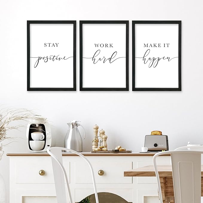 YWJKWLGS Inspirational Office Wall Art Set 11x16 Inch 3 piece Motivational Quotes Wall Decor Stay Positive Work Hard Make It Happen Signs for Home & Office Wood Framed Hanging (Black)
