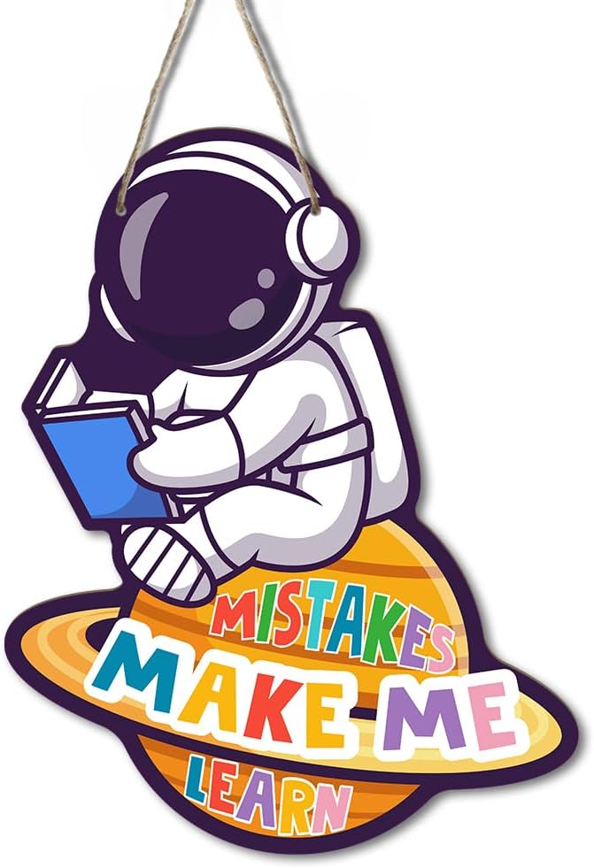 BSIKAIK Space Decor for Boys Room Space Themed Bedroom Decor Space Astronaut Door Sign Inspirational Quote Mistakes Make Me Learn Hanging Decor for Boys Room Nursery Study Room Playroom Wall Decor