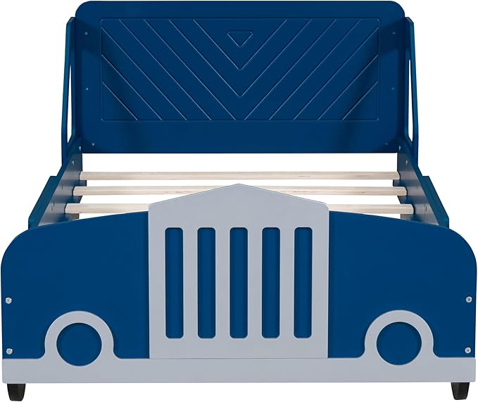 Twin Size Car-Shaped Platform Bed Frame for Boys Girls Kids Adults Toddler with Wheels,Blue