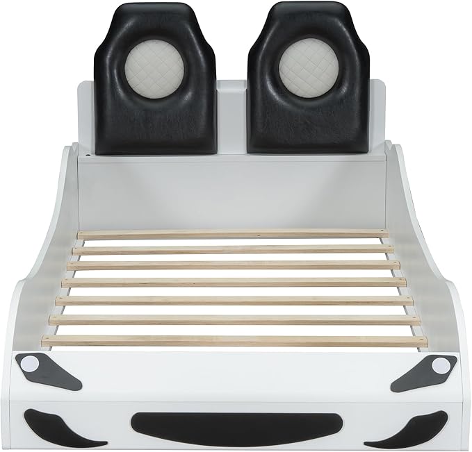 Twin Size Race Car-Shaped Platform Bed with LED and Upholstered Backrest, Solid Wood Upholstered Car Bed Frame with 2 Seats for Kids Boys Girls Bedroom (White-31U)