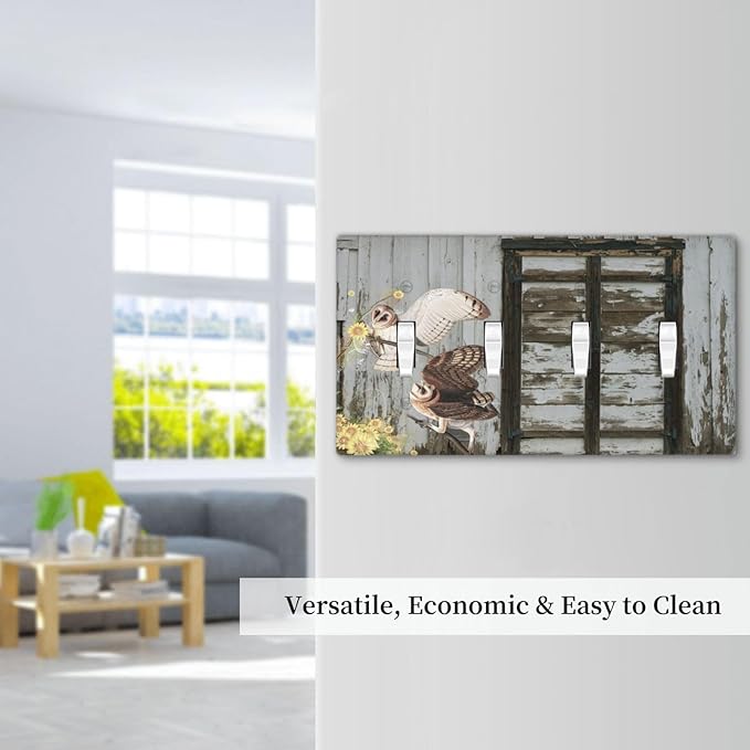 Vintage Brown Blue Old Wooden Door Quad Toggle Wall Plate Covers Decorative 4-Gang Wall Plates Antique Barn Door with Owls Sunflower Electrical Switchplate for Bathroom Bedroom Kitchen Decor