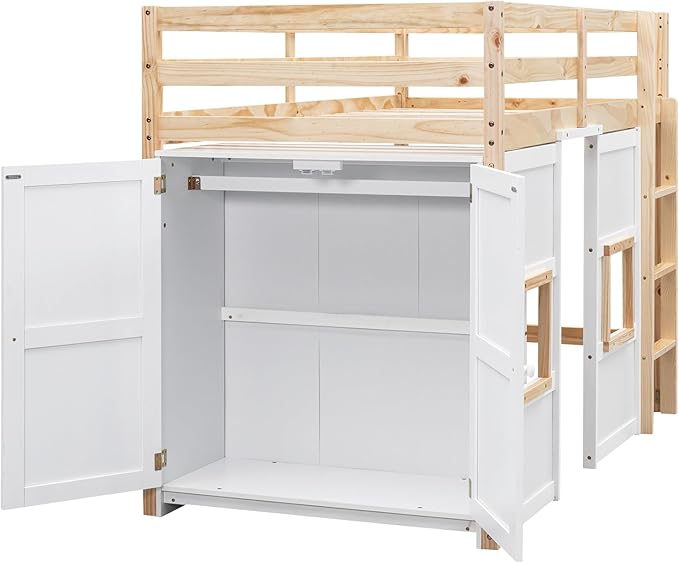 Playhouse Design Twin Size Loft Bed with Built-in Storage Wardrobe and 2 Windows, Solid Wood Loft Bed Frame with Safety Guardrail for Kids Teens Boys Girls, Space-Saving (Whit+Natural)
