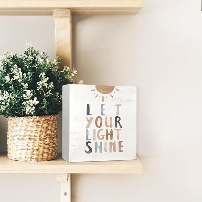 Boho Neutral Baby Nursery Decor - Let Your Light Shine Inspirational Christian Wood Sign, 5x5