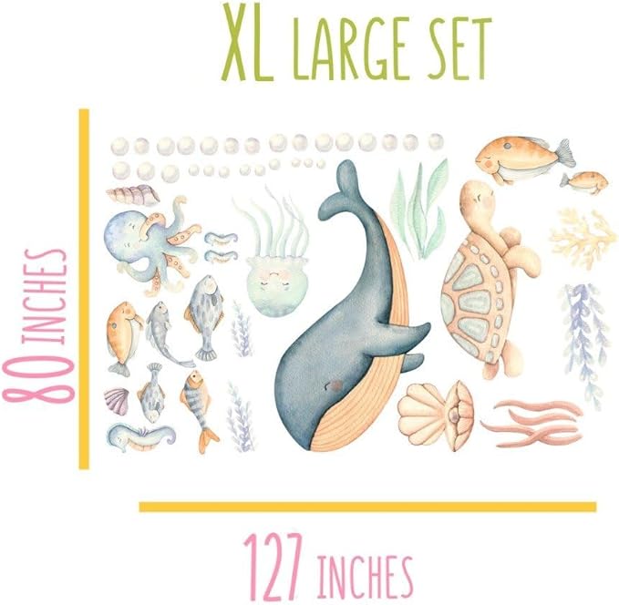 Under The Sea Wall Decals – Sea Life Stickers, Removable Wall Stickers, Watercolor Ocean Animals, Peel & Stick, for Nursery Baby Kids Bedroom Bathroom, X-Large Set (127" W x 80" H) 50 Pcs