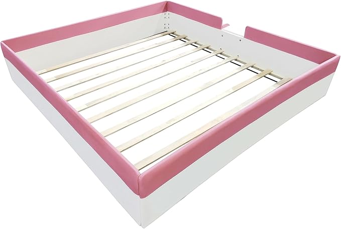 King Size Upholstered Daybed Frame with Fence and Stairs, Montessori Kids Floor Bed with Sturdy Slat Support for Kids Boys Girls