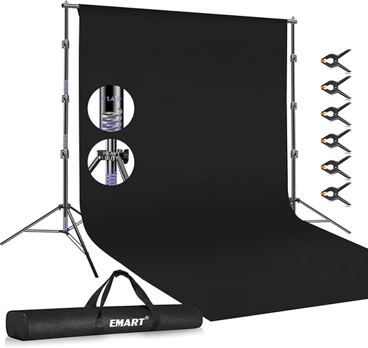 EMART 10x 10 ft Adjustable Photography Backdrop Stand Kit with 20x 10ft Black Curtain and Portable Large Format Screen with Polyester Material for Party, Live Game, Interviews, YouTube, TIK Tok