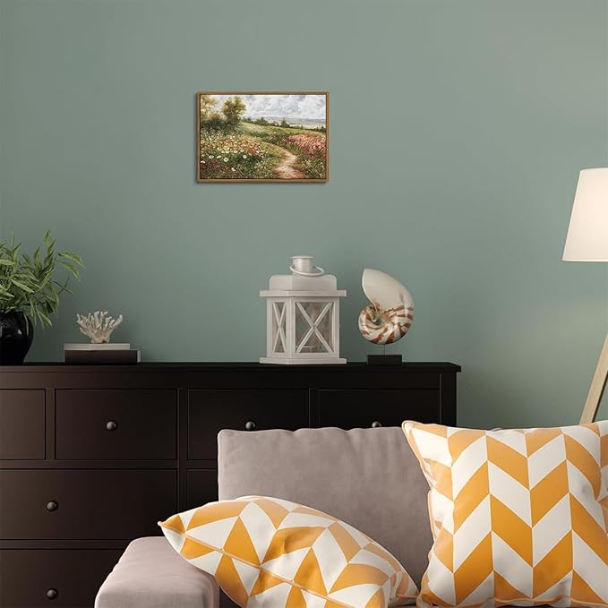 OIQArtOIQ Vintage Landscape Framed Wall Art Summer Countryside Wildflower Field Path Canvas Art Prints Farmhouse Cottagecore Pictures Wall Decor Rustic Meadow Paintings Artwork For Kitchen Bedroom