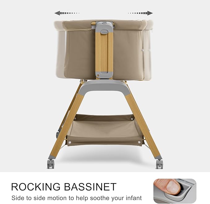 3 in 1 Baby Bassinet, Rocking Bassinets with Comfy Mattress and Wheels, Adjustable Height Bassinet Bedside Sleeper, Easy Folding Portable Crib for Newborn (Khaki)