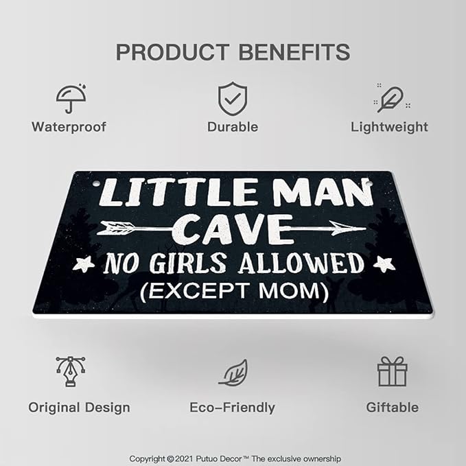 Putuo Decor Little Man Cave Sign, Boys Room Wall Decor for Kids, Toddler Boys, Baby, 10x5 Inches PVC Hanging Plaque Gift (No Girls Allowed Except Mom - 2)