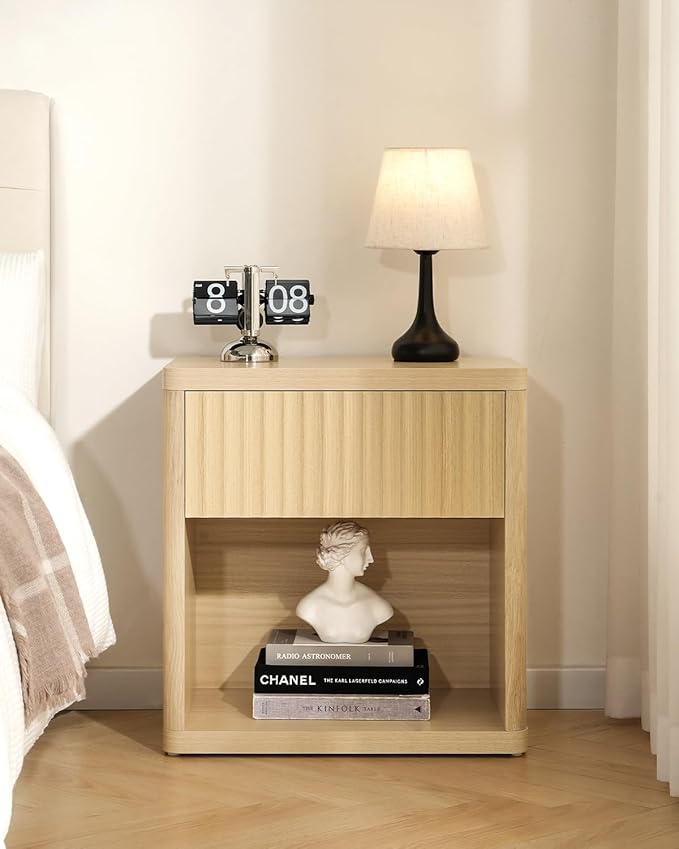 Night Stand Set of 2, Fluted Nightstand with Drawers, Wood Bedside Table with Storage, Bed Side Table Large Nightstands, End Tables Sofa Side Tables Night Stands for Bedroom Living Room