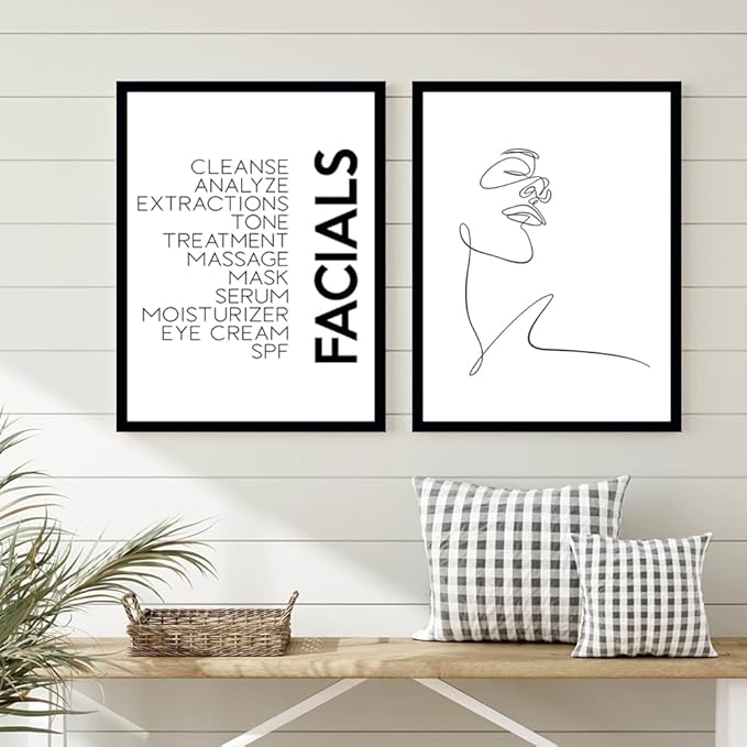 Minimalist Wall Art Prints Black and White Abstract Line Art Facials Quotes Wall Art Spa Beauty Decor Woman Face Sketch One Line Drawing Wall Art Framed(12x16Inch Black Frame)