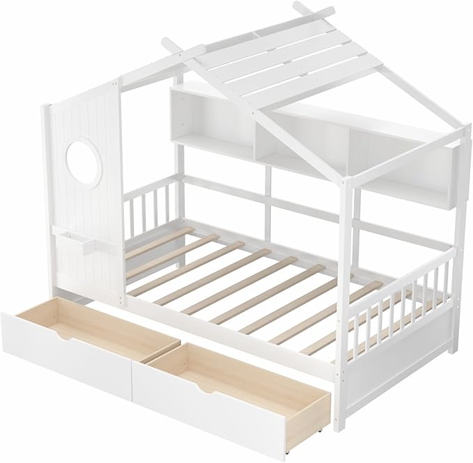KOMFOTT Twin Size Wood House Bed with 2 Drawers, Wooden Bed Frame with Cube Storage & Fence Rails, Wooden Platform Twin Bed Frame with House-Shaped Roof for Bedroom, No Box Spring Needed (White)