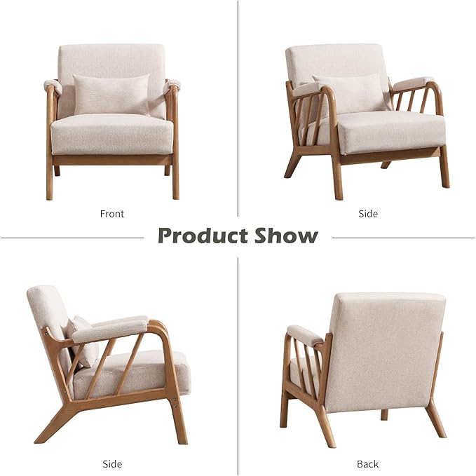 Mid Century Modern Accent Chair with Solid Wood Frame, Upholstered Living Room Chairs with Lumbar Cushion Padded Arms, Reading Armchair for Bedroom Set of 2, Linen Beige
