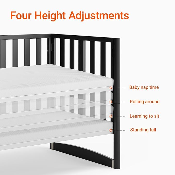 MAMAZING EvoNook 6-in-1 Convertible Mini Crib, 100% New Zealand Pinewood, 4 Adjustable Mattress Heights,GREENGUARD Gold Certified, Black with Matttress