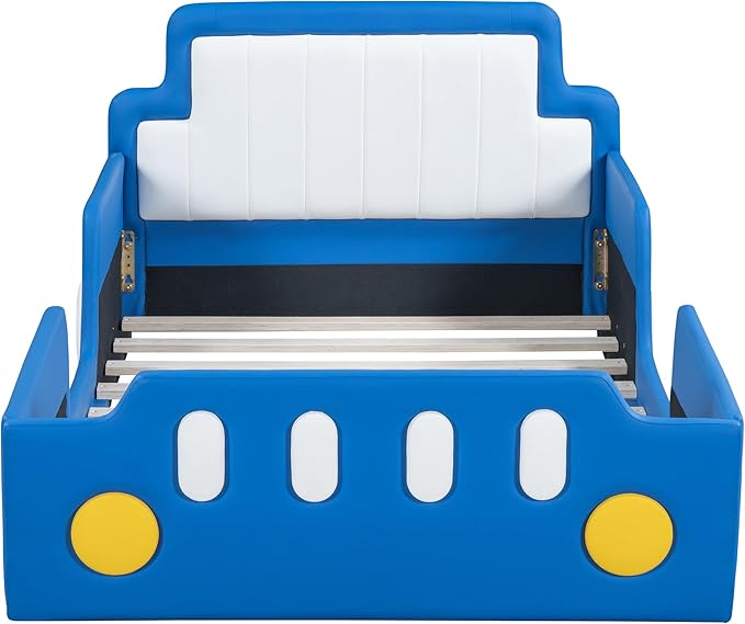 Twin Size Race Car-Shaped Platform Bed with Wheels, Unique Design Floor Bed with PU Leather Headboard and Safety Guardrails, Wood Slat Support for Kids,Boys,Girls (Blue-100A)